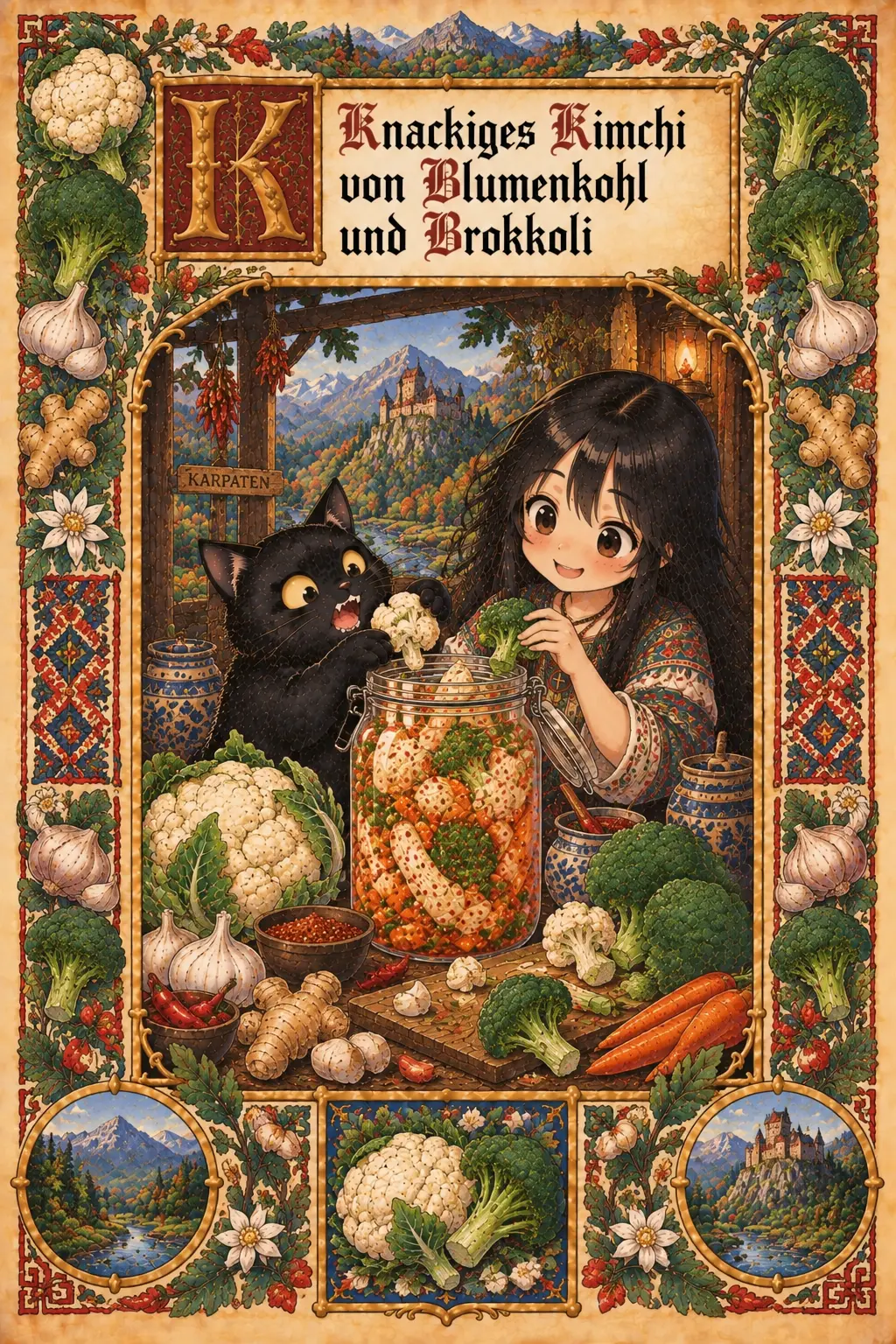 Buchmalerei zum Rezept „Knackiges Blumenkohl-Brokkoli-Kimchi“