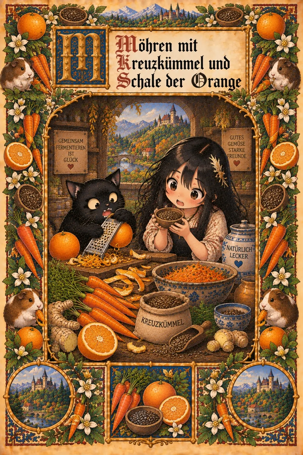 Buchmalerei zum Rezept „Möhren mit Kreuzkümmel und Orange“