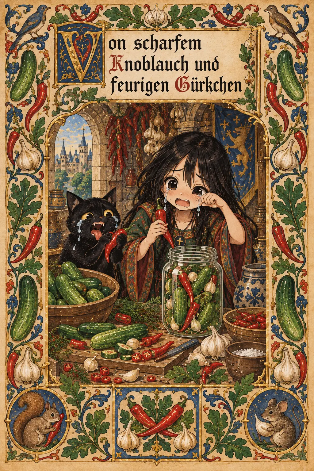 Buchmalerei zum Rezept „Würzige Knoblauch-Chili-Gurken“