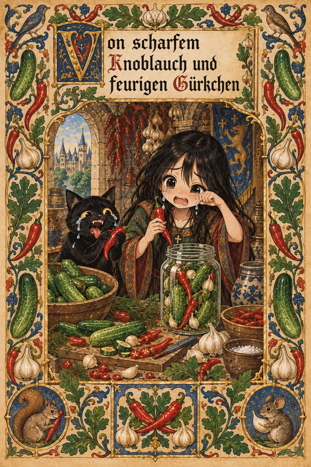 Buchmalerei zum Rezept „Würzige Knoblauch-Chili-Gurken“