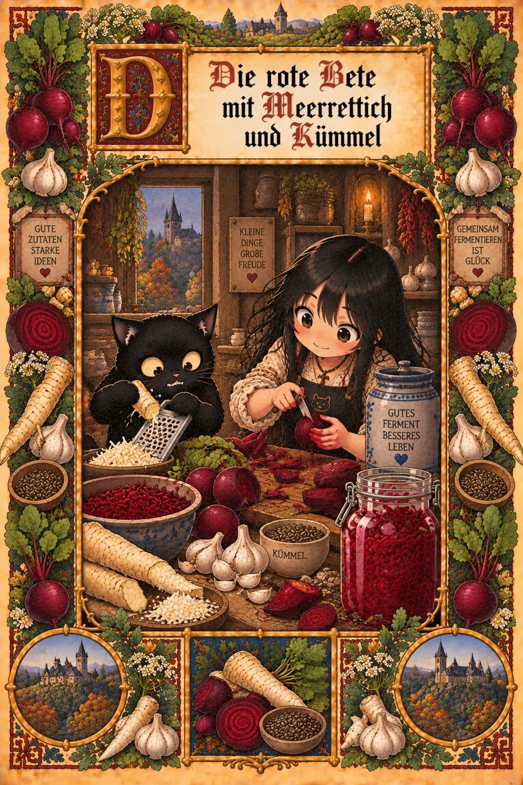 Buchmalerei zum Rezept „Fermentierte Rote Bete mit Meerrettich“