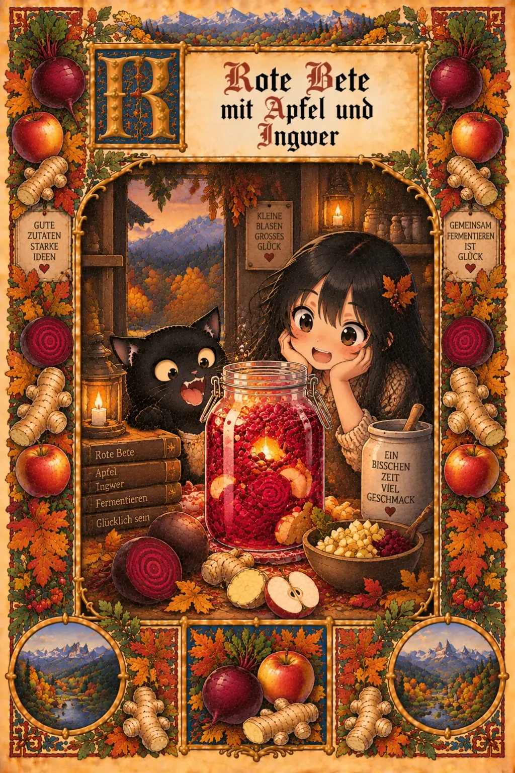 Buchmalerei zum Rezept „Rote Bete mit Apfel und Ingwer“