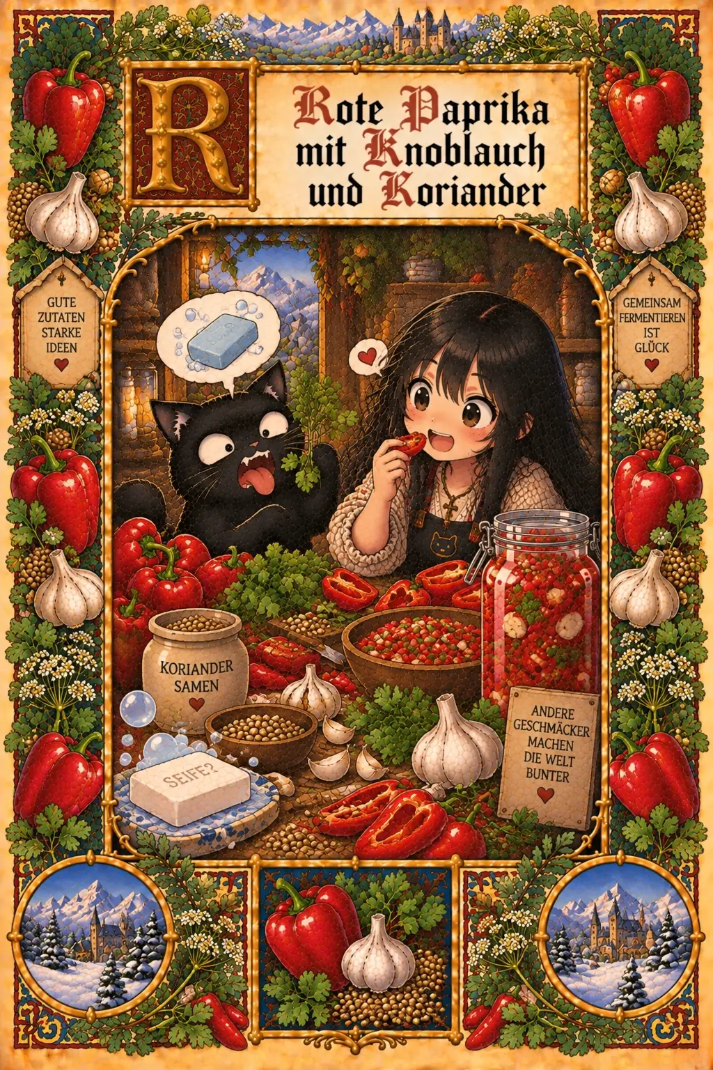 Buchmalerei zum Rezept „Fermentierte Paprika mit Knoblauch“