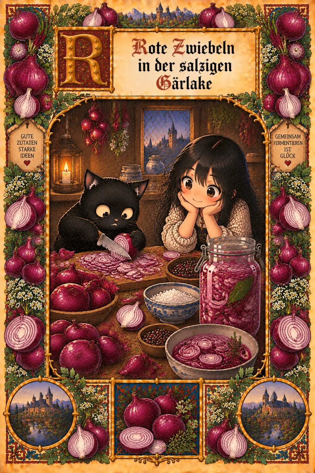 Buchmalerei zum Rezept „Fermentierte rote Zwiebeln“