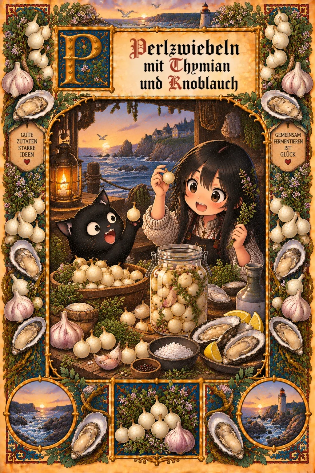 Buchmalerei zum Rezept „Fermentierte Perlzwiebeln mit Thymian“