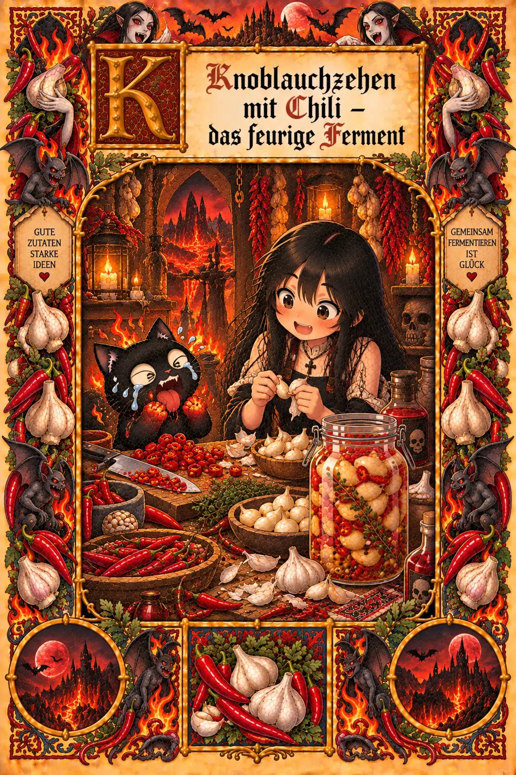 Buchmalerei zum Rezept „Fermentierter Knoblauch mit Chili“