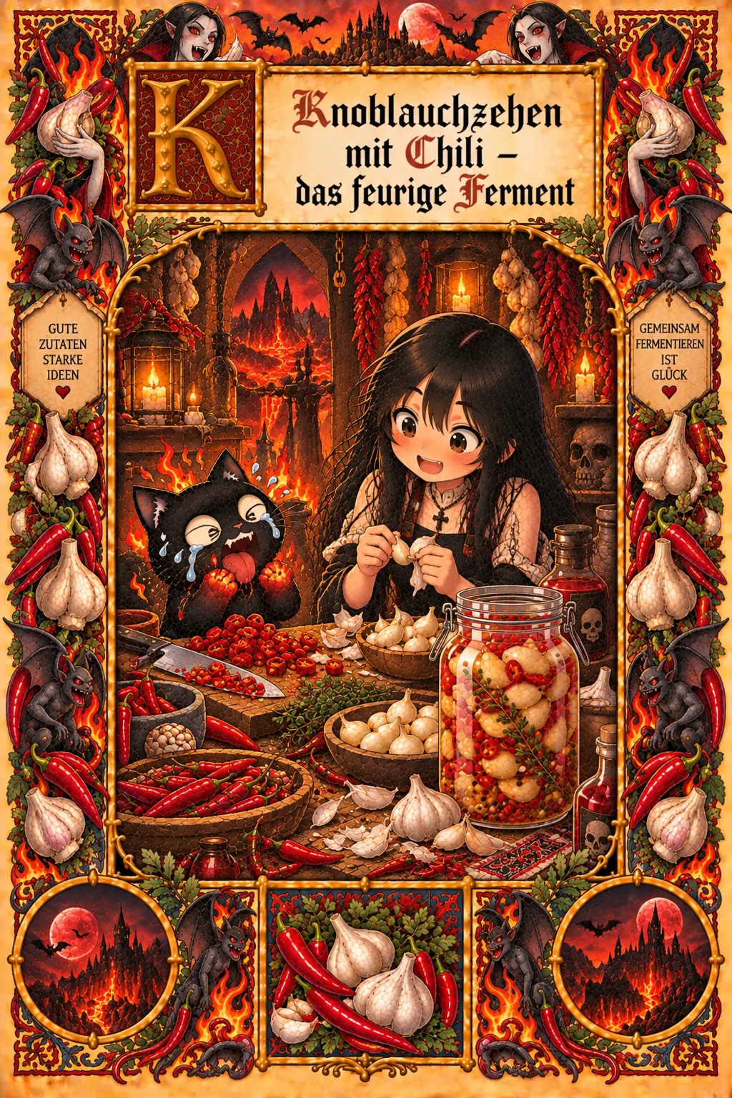 Buchmalerei zum Rezept „Fermentierter Knoblauch mit Chili“