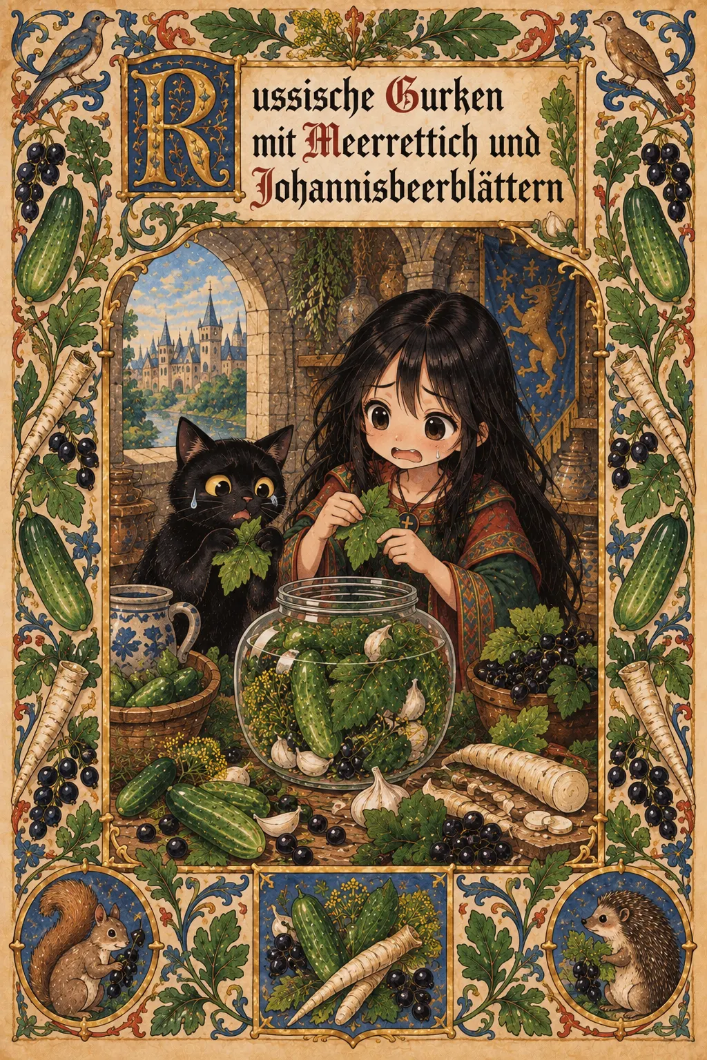 Buchmalerei zum Rezept „Russische Gurken mit Meerrettich und Johannisbeerblättern“