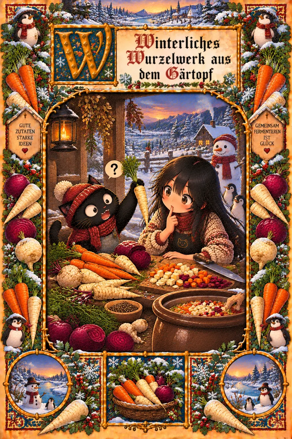 Buchmalerei zum Rezept „Winterliches Wurzelgemüse-Ferment“