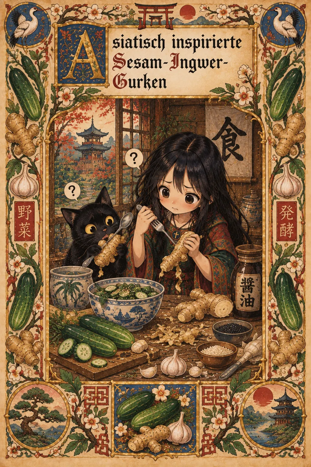 Buchmalerei zum Rezept „Asiatisch inspirierte Sesam-Ingwer-Gurken“