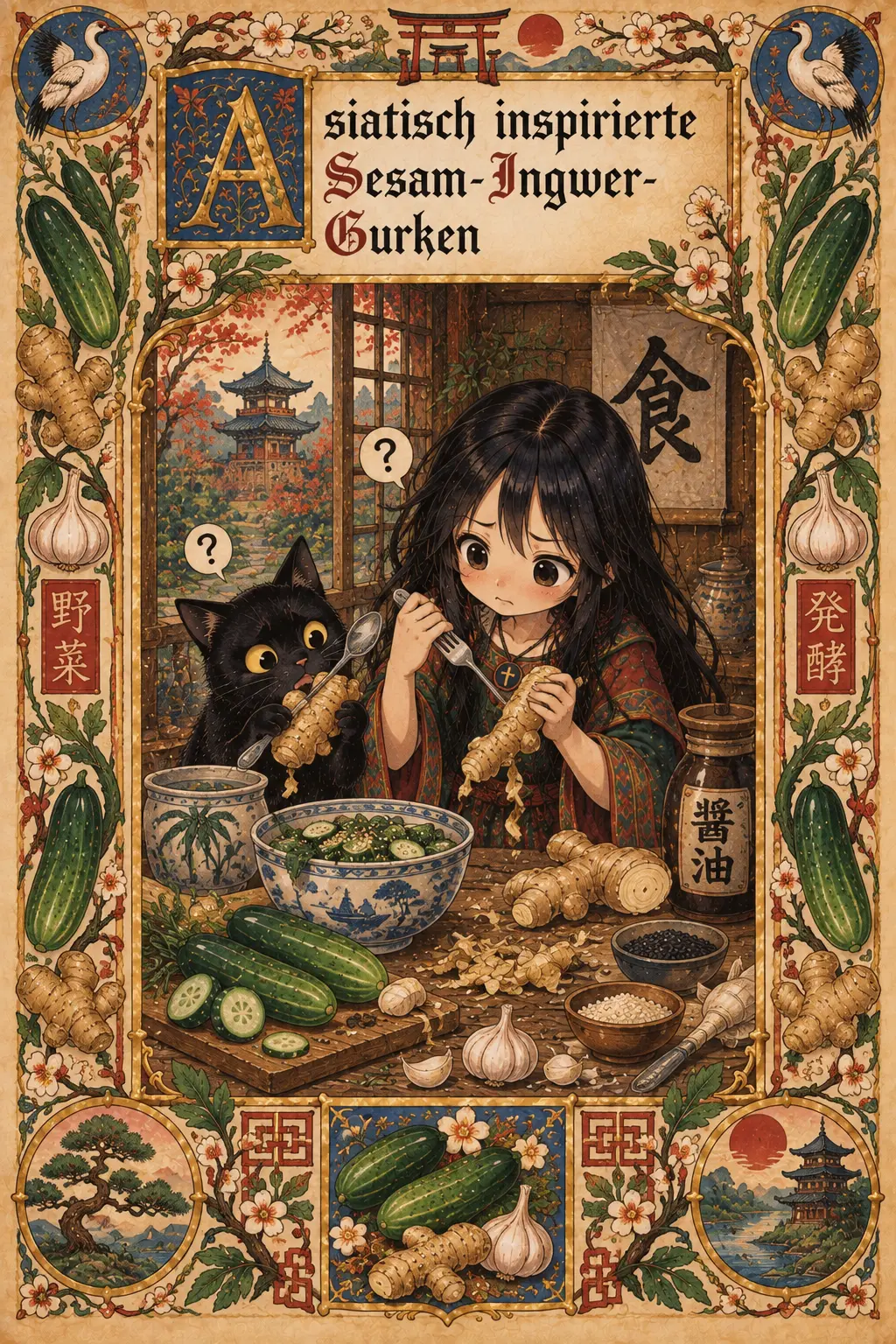 Buchmalerei zum Rezept „Asiatisch inspirierte Sesam-Ingwer-Gurken“