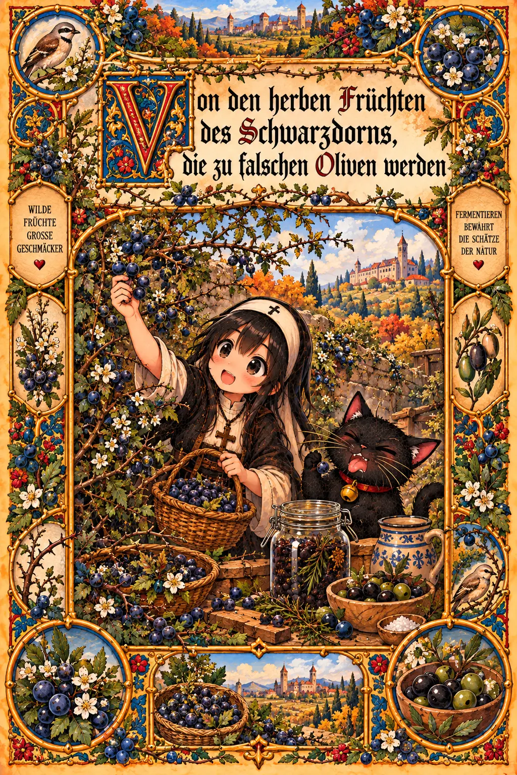 Buchmalerei zum Rezept „Fermentierte Schlehen – falsche Oliven (Milchsäuregärung)“