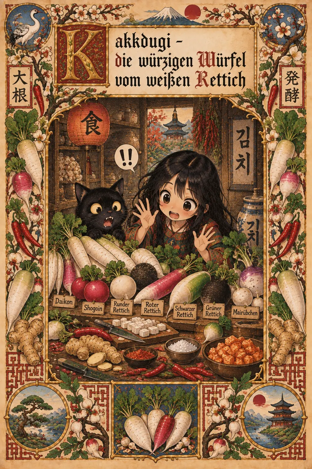 Buchmalerei zum Rezept „Kakkdugi (Rettich-Kimchi)“